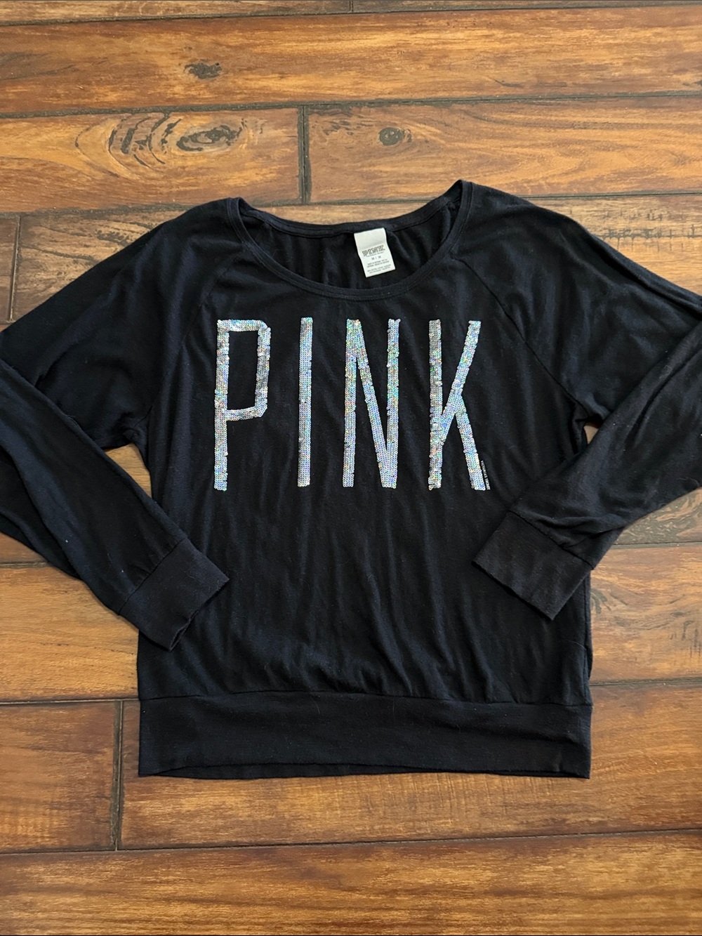 PINK Victoria's Secret Black Long Sleeve T with ISparkly Sequin Logo